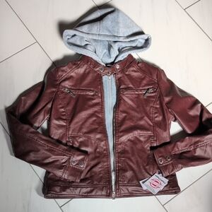 Jou Jou Faux Leather Brown Jacket with Gray Removable Gray Hoodie